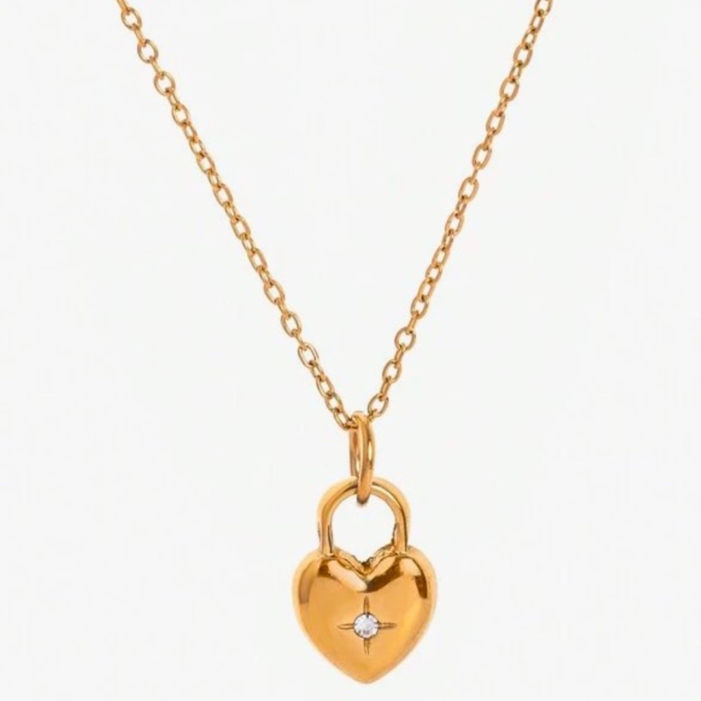 Gold plated stainless steel heart lock pendant necklace